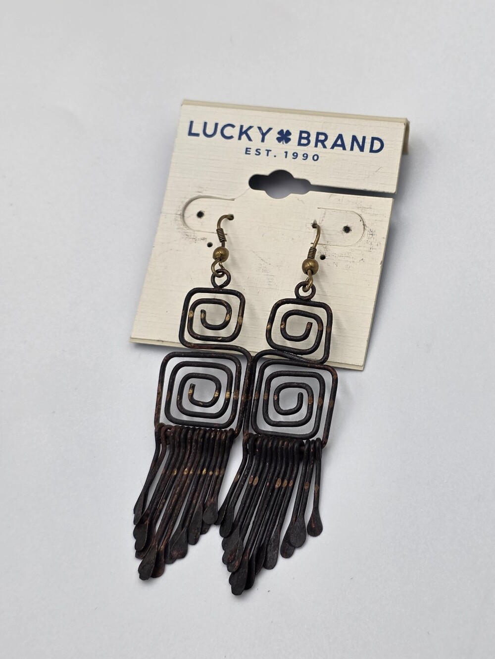 Lucky Brand Bronze Tone Square Spiral Hammered Fringe Drop Earrings NEW